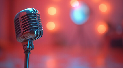 Close photo of retro microphone. Blur effect and soft tones in the background. Podcast recording concept