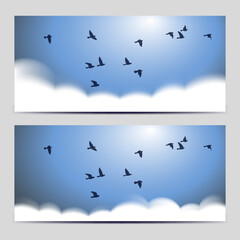 Clouds on blue sky banner with birds and sunlight, gradient mesh for web and print template