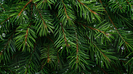 Close-up photo of coniferous plant with drops of water rolling down
