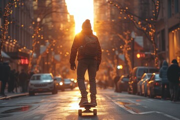 Skateboarding Commuter Commuter skateboarding on a dedicated urban skate lane - obrazy, fototapety, plakaty