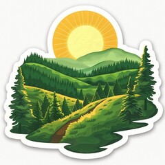 Summer stickers with forest, field, sky and hiking