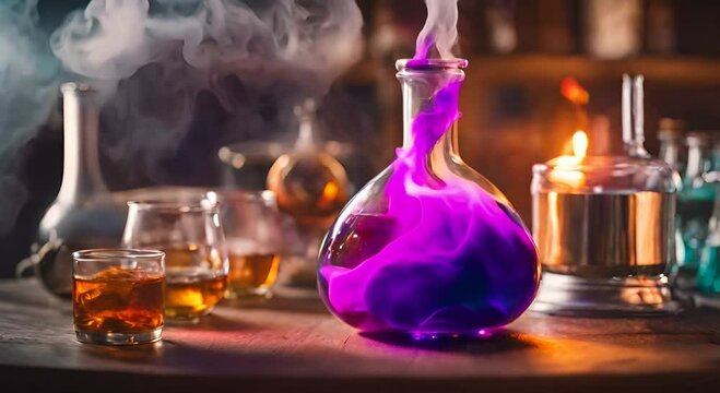 Purple Haze, A Smoking Bottle Emanates Smoke on a Table