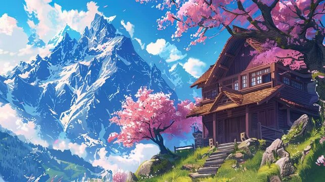 Beautiful mountain view, nature, spring, cherries, sky, amazing colours, pink and blue, synthwave vibes, lofi vibes