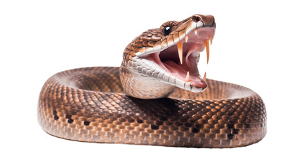 Obraz premium Danger snake opened tongue in front of white background, isolated transparent