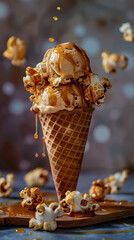 A scoop of caramel swirl ice cream served in a caramel-coated cone, topped with caramel popcorn and a caramel drizzledelicious food style, blur background, natural look