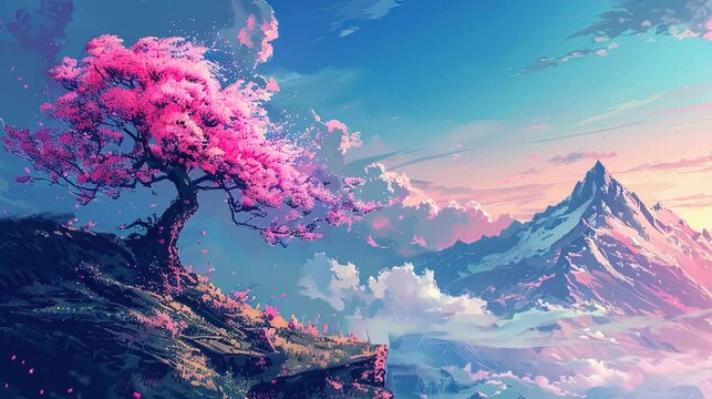 Beautiful mountain view, nature, spring, cherries, sky, amazing colours, pink and blue, synthwave vibes, lofi vibes