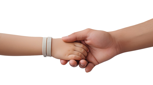 Parent and child hands holding each other, isolated on transparent background