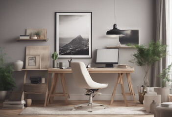 Cozy workplace interior at home with frame mockup 3d render