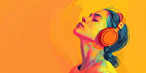 Girl wearing big headphones, enjoying her favorite music, on yellow background, illustration, favorite hobby, wallpaper. - obrazy, fototapety, plakaty