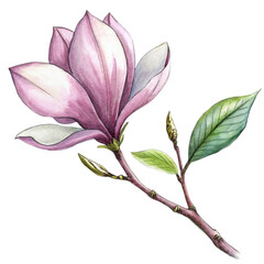 A pink magnolia flower is the central focus, with its petals gently overlapped and the interior...