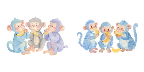 Fototapeta premium monkeys eat banana watercolor vector illustration