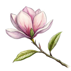 A pink magnolia flower is the central focus, with its petals gently overlapped and the interior...