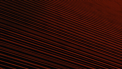 Orange color Abstract technology wave of particles. Big data and connection, networking visualization. black background with motion dots and lines.