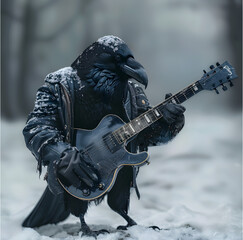 black raven plays electric guitar - ai generated - obrazy, fototapety, plakaty