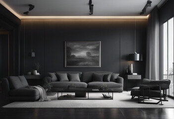 Home interior modern dark living room interior black empty wall mock up 3d render