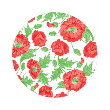 Round icon with red summer flowers pattern, cupcakes form temlpate