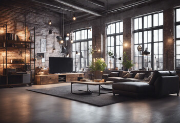 Loft apartment industrial style 3d render