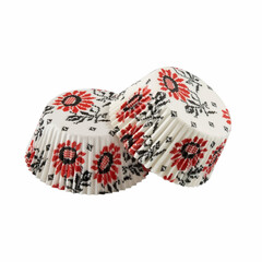 White round paper baking forms for muffins and cupcakes with flowers pattern