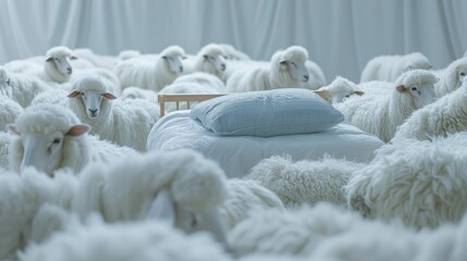 Sleepless and seeking rest, a bed amidst a flock of sheep on white, the quiet battle with insomnia illustrated