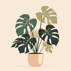 Illustration Monstera plant in a terracotta pot with neutral colored background, Tropical plant in a pot or container, AI generated