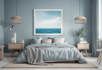 Mock up frame in bedroom interior marine room with sea decor and furniture Coastal style 3d render