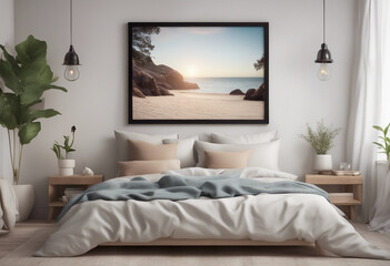 Mock up frame in cozy home interior background coastal style bedroom 3d render
