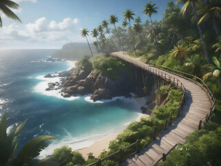 A walkway on the cliffside overlooks the sea waves and a beautiful beach with coconut trees in summer. - obrazy, fototapety, plakaty