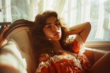 Saturated Surrealism in Vintage Fashion: A late-morning photoshoot in a portrait style, featuring a model in striking vintage clothing. The scene is bathed in a surreal, dreamlike atmosphere