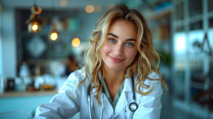 Cheerful Female Doctor Enjoying a Break in Hospital Cafe