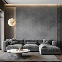 loft living room, with empty blank mock up poster frame with copy space. Black leather sofa, concrete walls, metal lamps, plants