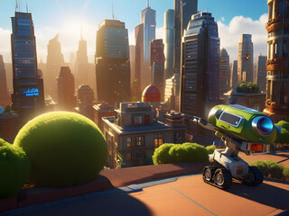a toy with a green object on the roof and a large green object in the middle of the picture