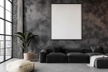 loft living room, with empty blank mock up poster frame with copy space. Black leather sofa, concrete walls, metal lamps, plants