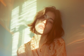 Dreamlike 70s Fashion Shoot: A model draped in vintage attire, captured in a portrait angle during the golden hour. Soft light creates a dreamlike quality with a hint of surrealism