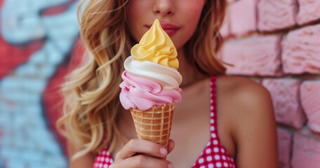Eating icecream, woman holding an ice cream cone