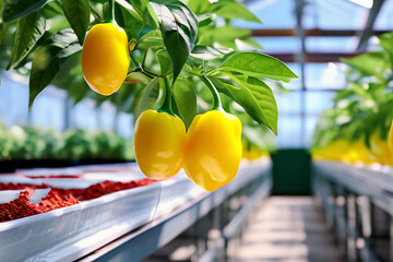 Gemüse Paprika gelb im Gewächshaus aus Glas Hintergrund