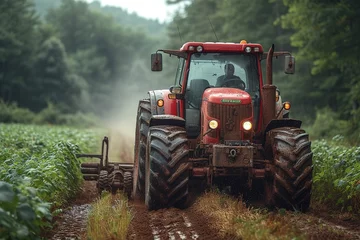 Fotobehang Tractor Pulling Equipment Agricultural tractor pulling heavy equipment on a farm © create