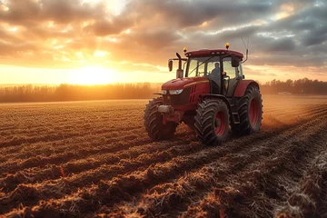 Tuinposter Tractor Pulling Equipment Agricultural tractor pulling heavy equipment on a farm © create