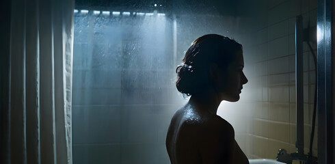 a woman in a shower with the light coming through her back