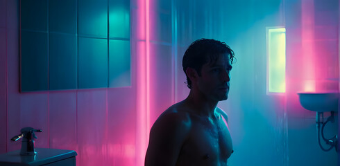 a man in a room with a pink and green light behind him