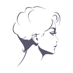 Young woman face side view in low key style. Elegant silhouette of a female head.