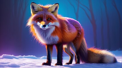   A red fox poses against a backdrop of blue, featuring distant trees and a full moon