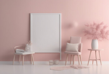 Mockup poster frame close up on wall painted white and pastel pink color 3d render