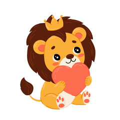 Obraz na płótnie Canvas Cute lion in a crown with a heart in his paws. Lion in flat style. King. Cute baby print. Wild animals.