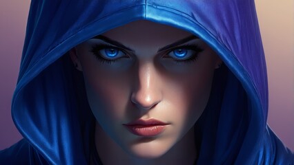 Naklejka premium A portrait of a woman with blue eyes; she wears a blue shawl atop her head