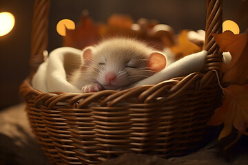 mouse sleeping in a basket, mouse sleeping, basket,  sleeping animal in a basket