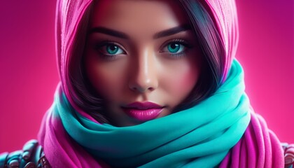  eyes blue, attire headscarves - one pink, another turquoise - obrazy, fototapety, plakaty