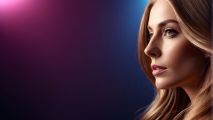 Fototapeta premium A woman's face, tightly framed against a vibrant backdrop of purple and blue Behind her, a focused spotlight casts an illuminating glow