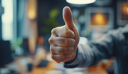 A close-up image of a person's hand giving a thumbs-up gesture in a blurred office or cafe setting. 