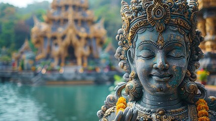 Close-up of a serene blue Hindu deity statue with intricate designs, against a blurred temple background. 