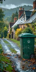 A green wheelie bin stands on a wet, leaf-strewn path in a quaint village on a rainy day, illustrating waste management in residential areas - obrazy, fototapety, plakaty